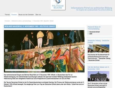 Online-Dossier „9. November 1989 – Berliner Mauerfall und Deutsche Einheit“ auf dem „Informations-Portal zur politischen Bildung“