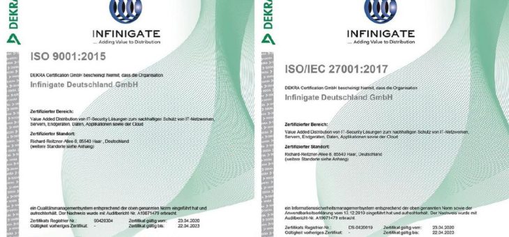 Infinigate erhält Zertifikate für ISO Qualitätsmanagement- und Informationssicherheitsmanagement Systeme