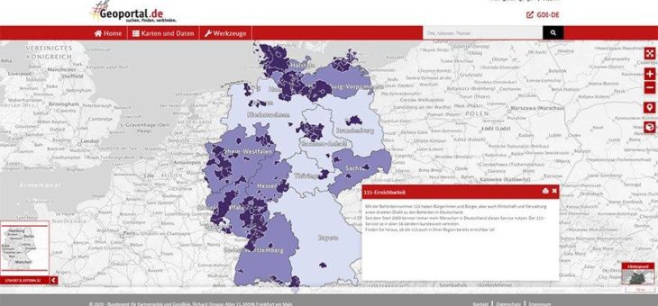 Karte des Monats „Erreichbarkeit der Behördennummer 115“ im Geoportal.de veröffentlicht