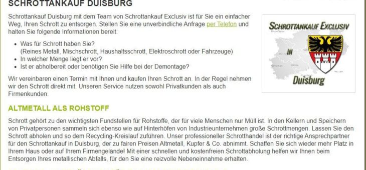 Schrottankauf Duisburg –  kostenlose Abholung von Altmetallen aller Art inkl. Ausbau, Demontage – für Privat und Gewerbe