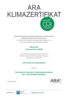 Hilcona Gruppe mit ARA Klimazertifikat ausgezeichnet