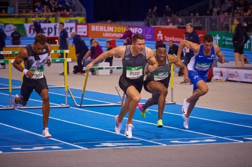 ­ Pascal Martinot-Lagarde und Andrew Pozzi über die Hürdendistanz beim INIT INDOOR MEETING Karlsruhe