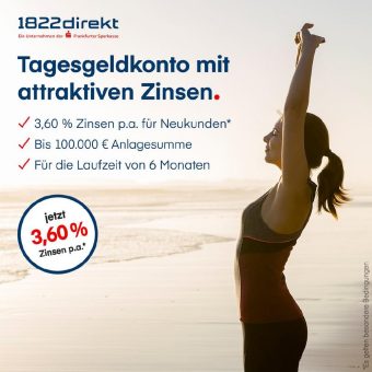 1822direkt erhöht die Zinsen weiter – ab 30.06.2023 gibt es 3,60 % Zinsen p.a. auf neue Tagesgeldkonten