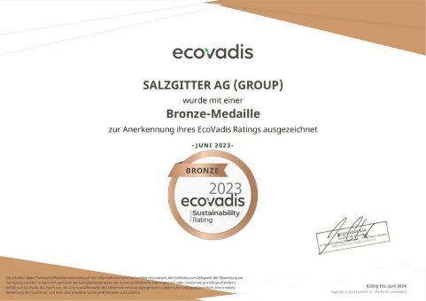 EcoVadis vergibt Bronze-Medaille an Salzgitter AG