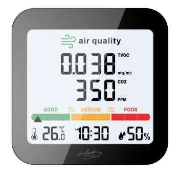 infactory Akku-Messgerät für TVOC, mit CO2-Anzeige, Uhrzeit, Thermo-/Hygrometer