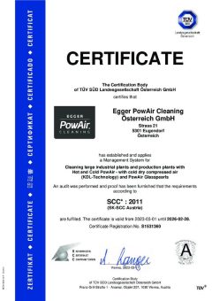 Industrycleaner Egger PowAir Cleaning GmbH certified by TÜV – SÜD until 2026 SCC* : 2011.