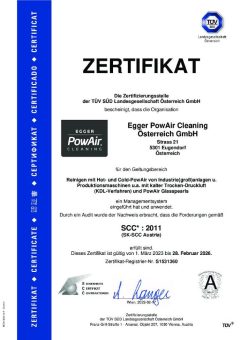 Industriemaschinenreiniger Egger PowAir Cleaning GmbH von TÜV – SÜD bis 2026 SCC* : 2011 zertifiziert.