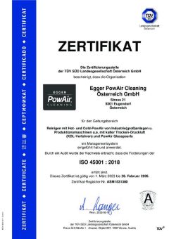 Industriemaschinenreiniger Egger PowAir Cleaning GmbH von TÜV – SÜD bis 2026 ISO 45001 : 2018 zertifiziert.