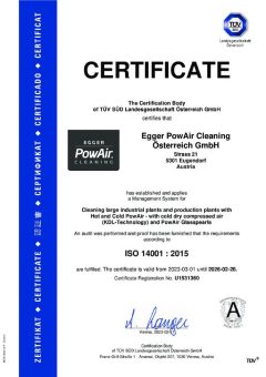 Industrycleaner Egger PowAir Cleaning GmbH certified by TÜV – SÜD until 2026 ISO 14001 : 2015.