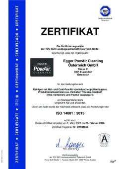 Industriemaschinenreiniger Egger PowAir Cleaning GmbH von TÜV – SÜD bis 2026 ISO 14001 : 2015 zertifiziert.