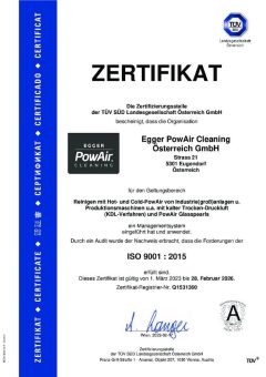 Industriemaschinenreiniger Egger PowAir Cleaning GmbH von TÜV – SÜD bis 2026 ISO 9001 : 2015 zertifiziert.