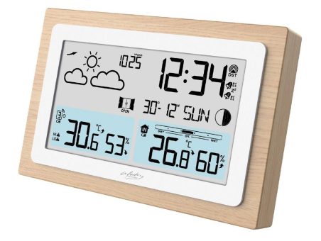 infactory Funk-Wetterstation FWS-100 im Echtholz-Rahmen, Wettervorhersage, Uhr, Wecker