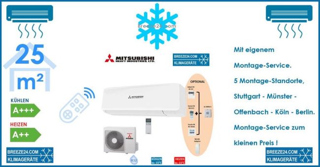 MITSUBISHI HEAVY Klimaanlage Set SRK 25 ZS-W Wandgerät + SRC 25 ZS-W R32 – 2,5 KW für 1 Zimmer mit 25 m²