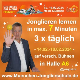 Auf der Messe f.re.e vom 14.2. bis 18.2. können Messebesucher bei Weltrekordhalter Stephan Ehlers das Jonglieren mit 3 Bällen lernen