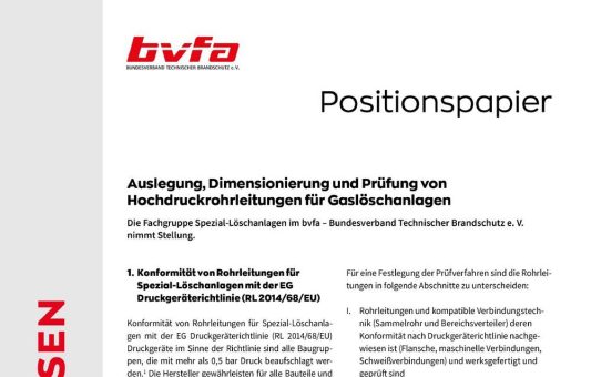 Neues bvfa-Positionspapier zu Hochdruckrohrleitungen für Gaslöschanlagen