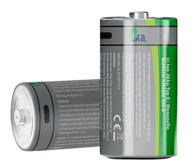 tka Köbele Akkutechnik 2er-Set Li-Ion-Akkus Typ D mit USB-C, 5.400 mAh, 8.100 mWh, 1,5 Volt