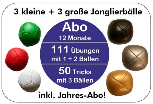 Geschenkidee für Jongleure: 2 x 3 professionelle Jonglierbälle plus Jahresabo mit über 160 Jongliertricks + Video-Tutorials