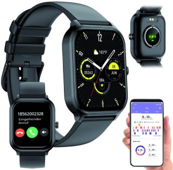 newgen medicals Fitness-Smartwatch PW-550 schwarz mit 1,93″ Display, Freisprechen, 100 Sportmodi, App