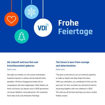 Das VDI-Presseteam wünscht frohe Weihnachten! Merken Sie sich den 4.2 vor.