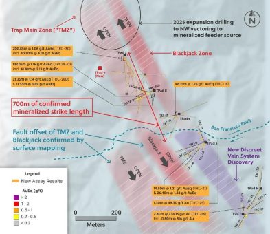 Collective Mining bohrt 40,5 Meter mit 4,01 g/t Goldäquivalent und entdeckt ein hochgradiges Adersystem mit Abschnitten einschließlich 0,8 Meter mit 816 g/t Gold bei Trap