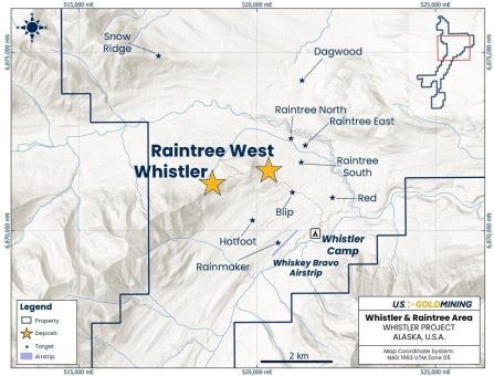 U.S. GoldMining erweitert die westliche hochgradige Zone in der Gold-Kupfer-Lagerstätte Whistler, Alaska: Durchschneidet 458 Meter mit einem Goldäquivalent von 0,75 g/t,  Einschließlich 48 m mit 1,23 g/t AuEq und 116 m mit 1,00 g/t AuEq