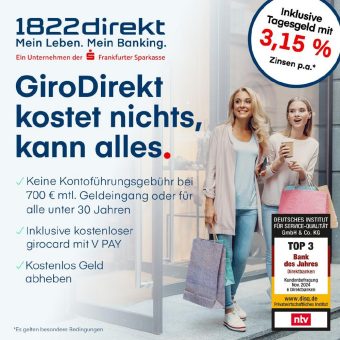 1822direkt führt neues Girokonto ein: GiroDirekt – leistungsstark und kostenlos – zum Start mit 3,15 % Sonderzins p.a.