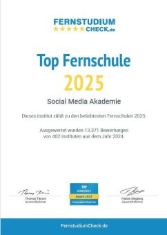 Die Social Media Akademie aus dem Hause WEKA Media ist auch 2025 „TOP-Fernschule“